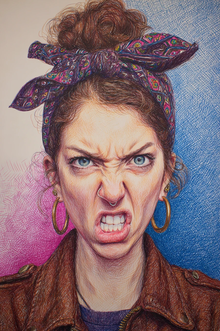 Retrato de Chica Enojada en Trama Cruzada con Bolígrafo de Colores