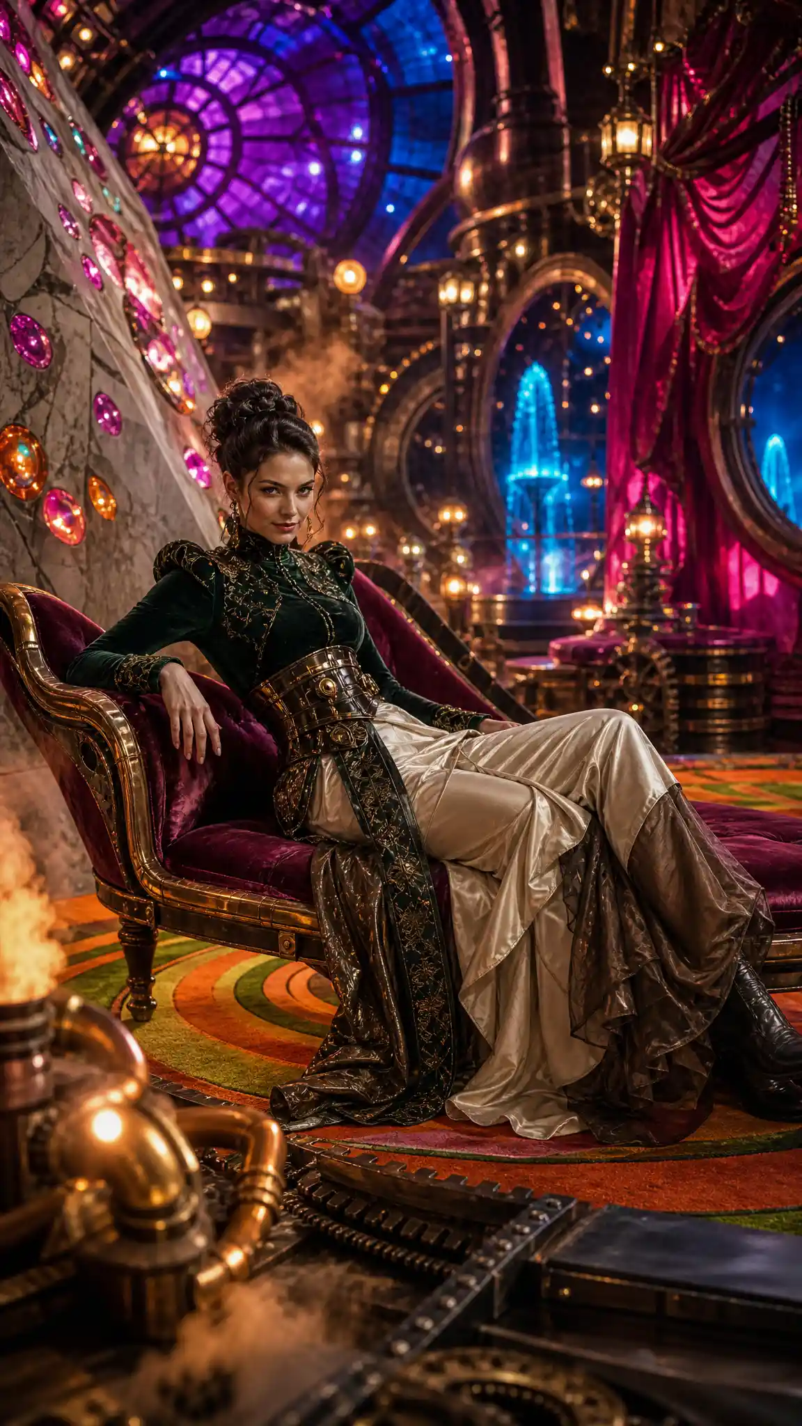 Elegant woman lounging on psychedelic carpeted chaise