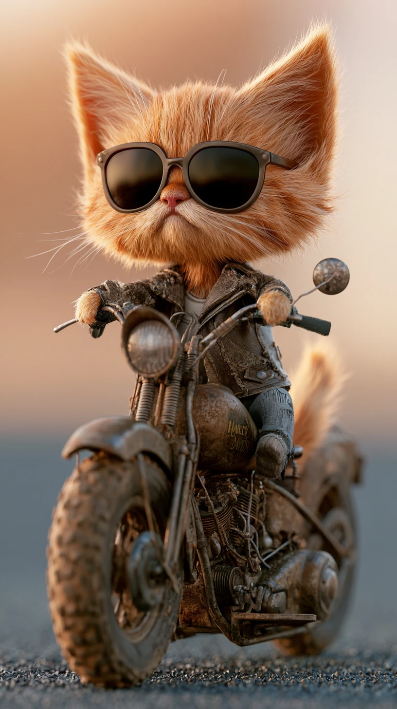 Tierno gatito naranja conduciendo una moto vintage