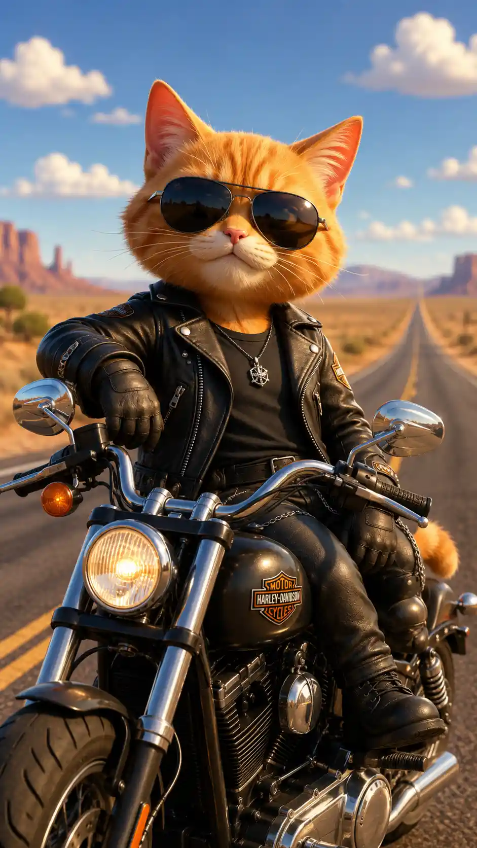 Cool orange biker cat riding a motorcycle on highway