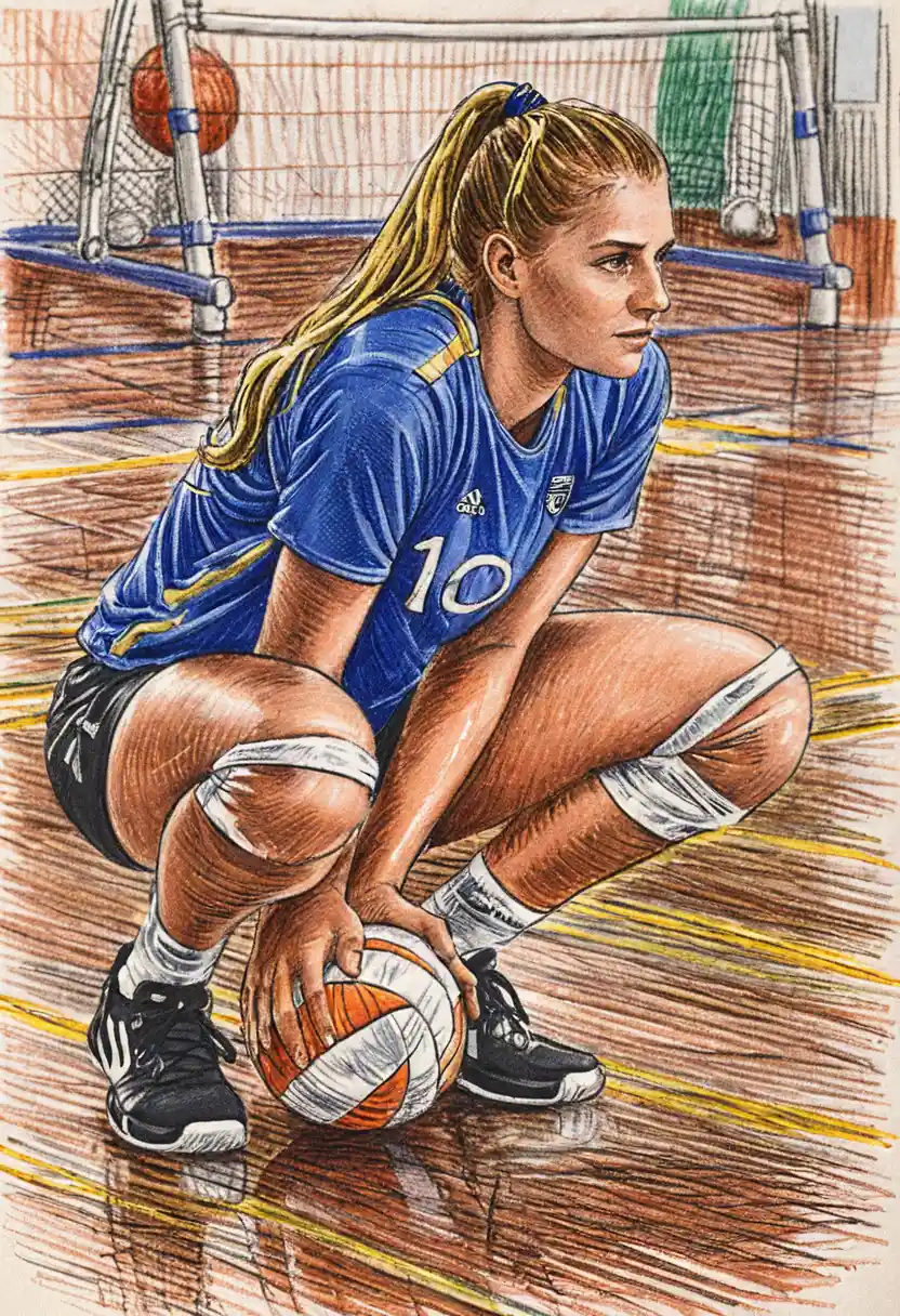 Defensive volleyball athlete in technical crosshatched drawing