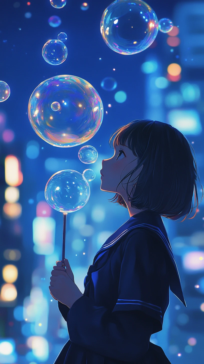 Chica de anime soplando burbujas de jabón sobre el horizonte de la ciudad