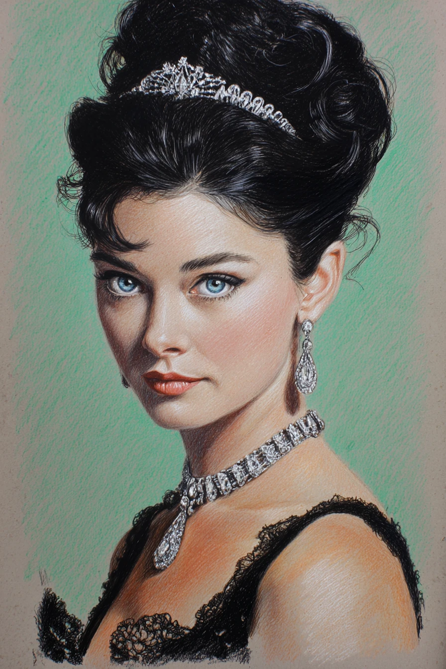 Ritratto di donna elegante a matita colorata su sfondo verde