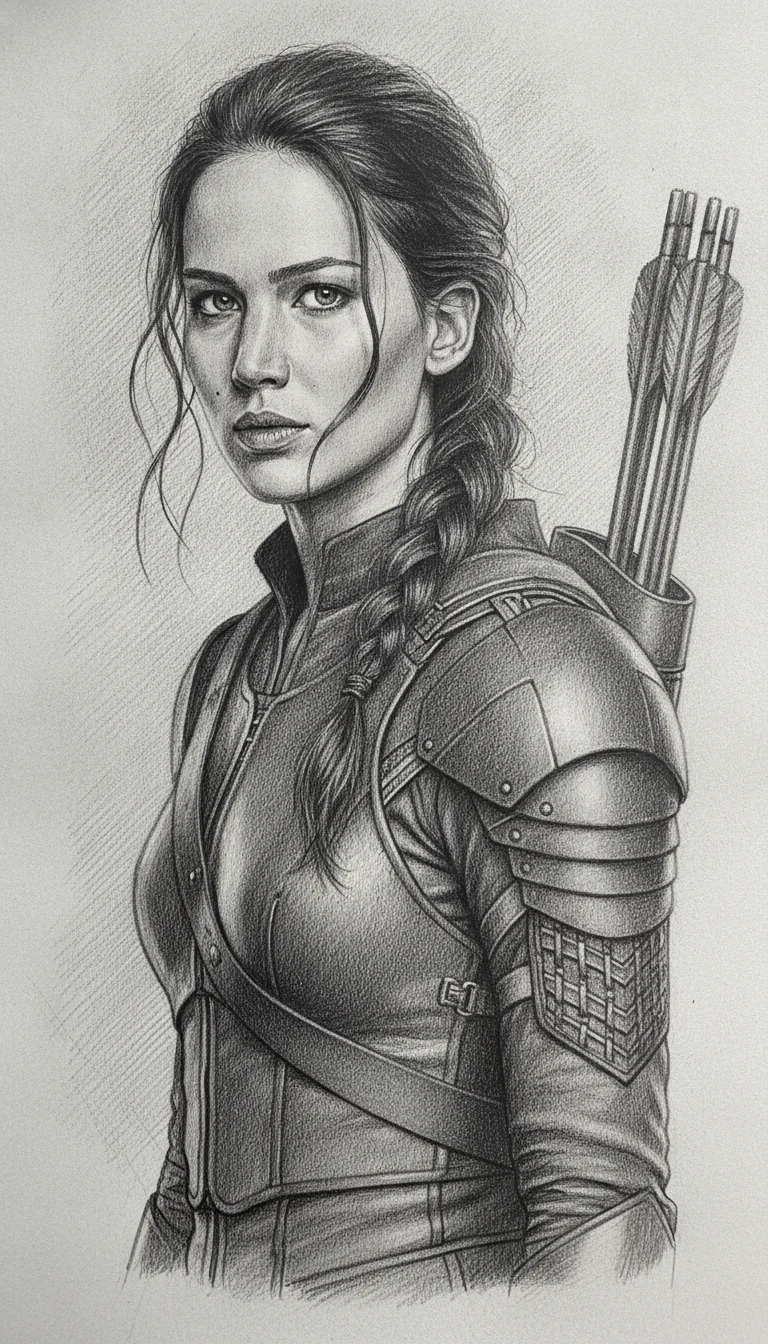 Retrato en grafito de mujer arquera decidida con armadura