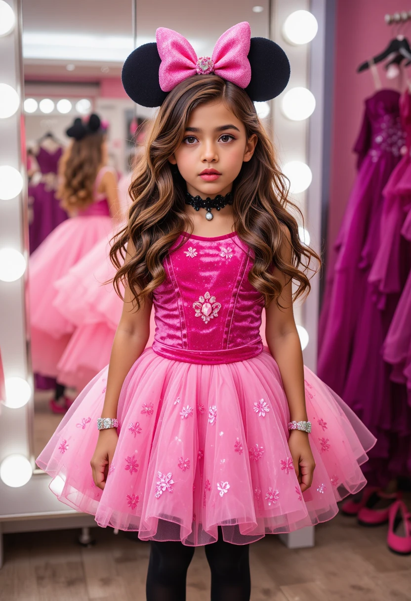 ピンクのミニーのドレスを着てドレッサーの前で緊張する少年