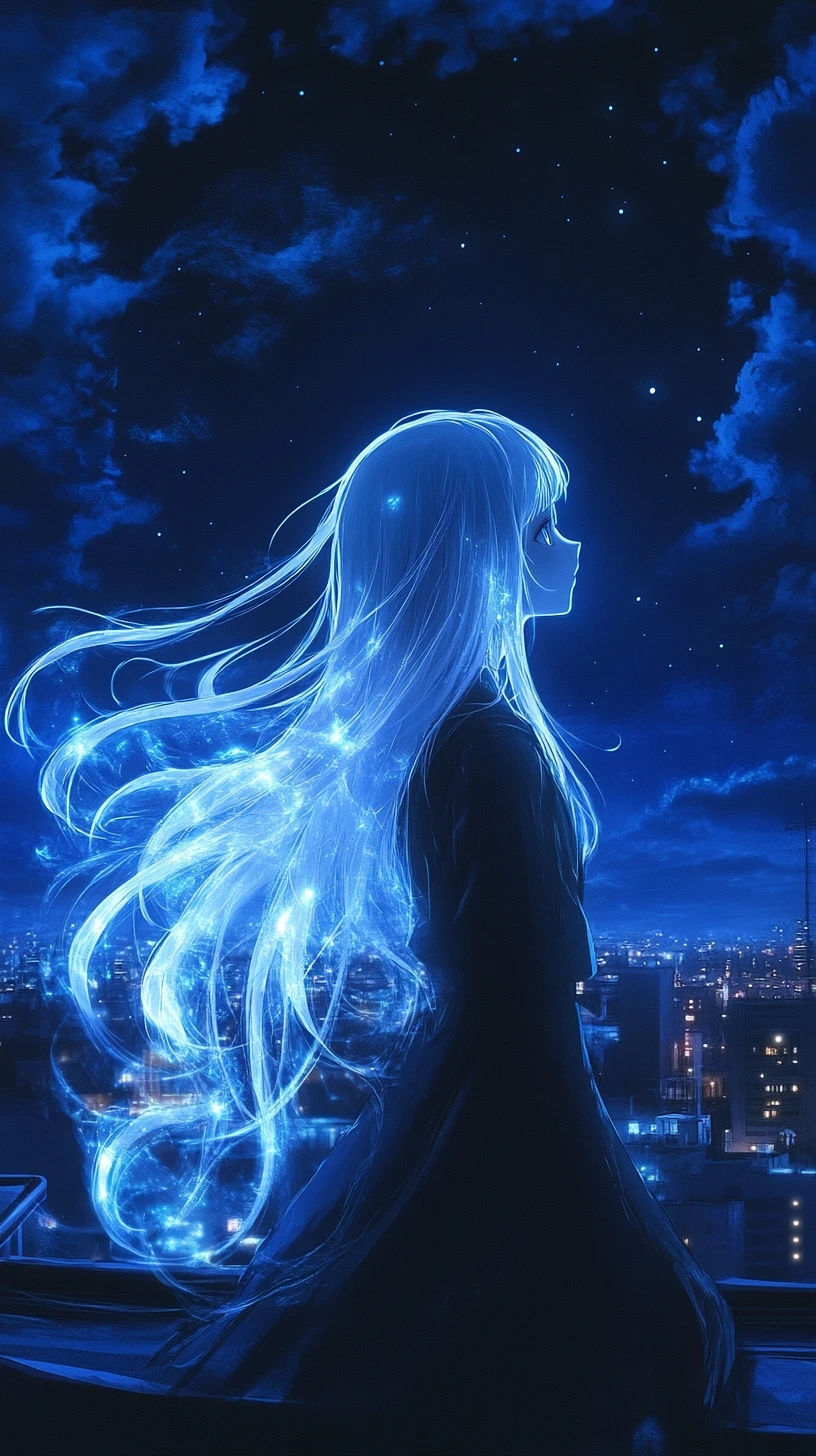 星空下夜晚城市屋頂上的動漫少女