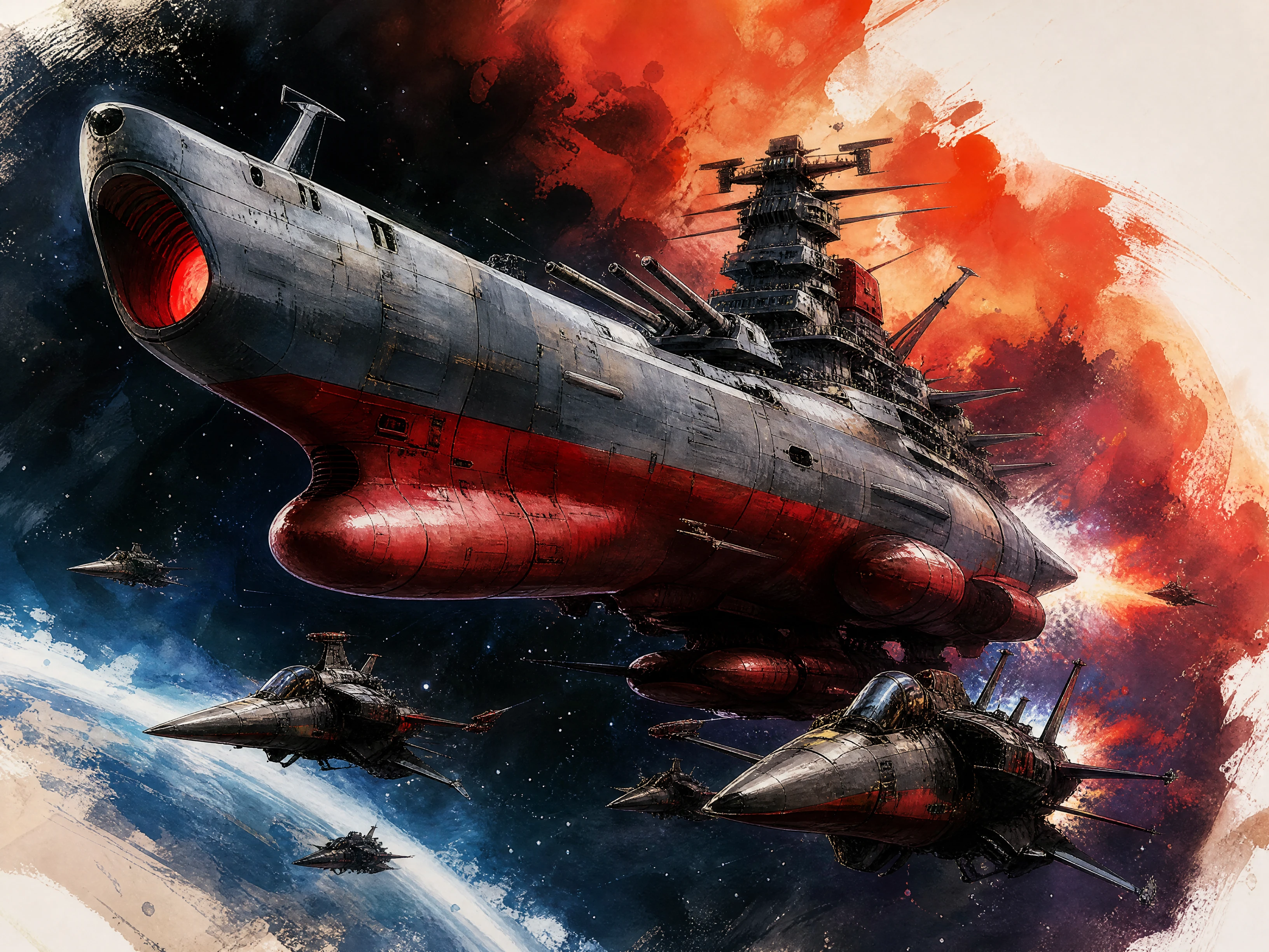 Épica pintura digital de un acorazado volando por el espacio