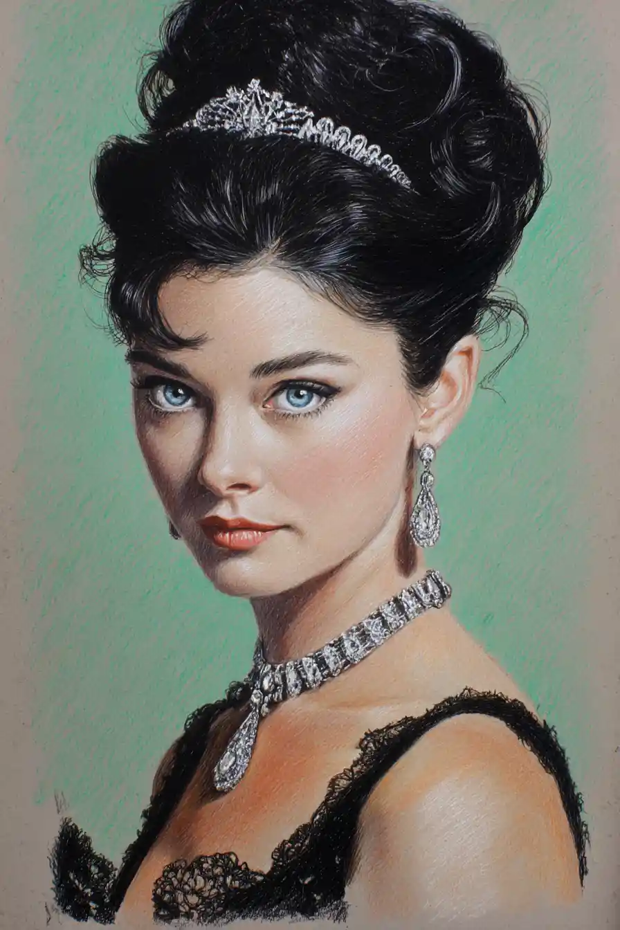 Elegant woman portrait in colored pencil on green background