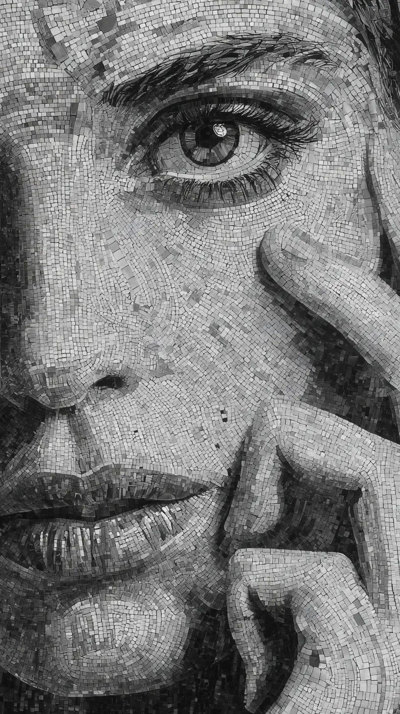 Black and white mosaic close up of a woman face