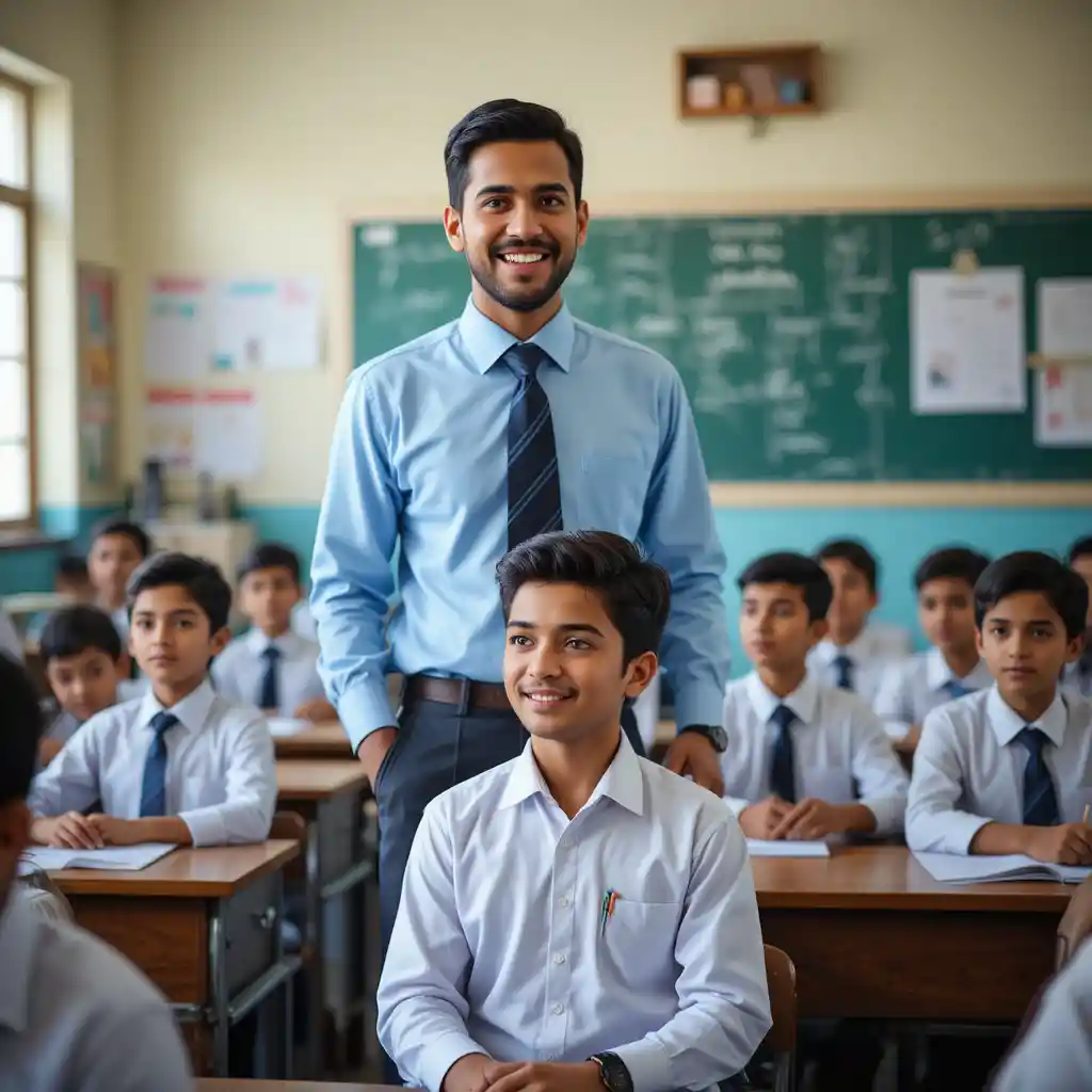 Insegnante pakistano che insegna a un ragazzo in un’aula luminosa