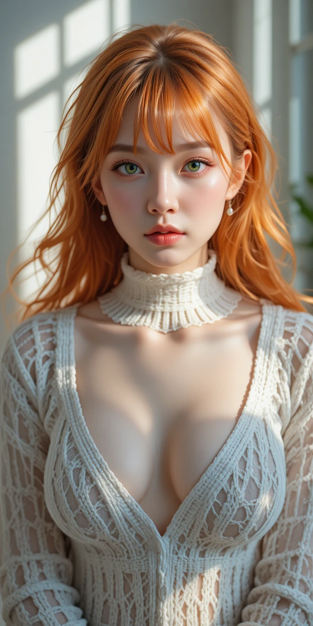 Retrato en primer plano de una mujer japonesa con el pelo naranja