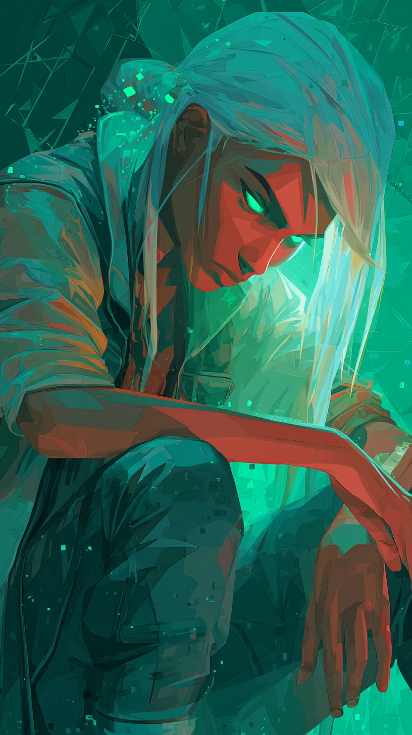 Chica de anime con ojos verdes brillantes en luz abstracta