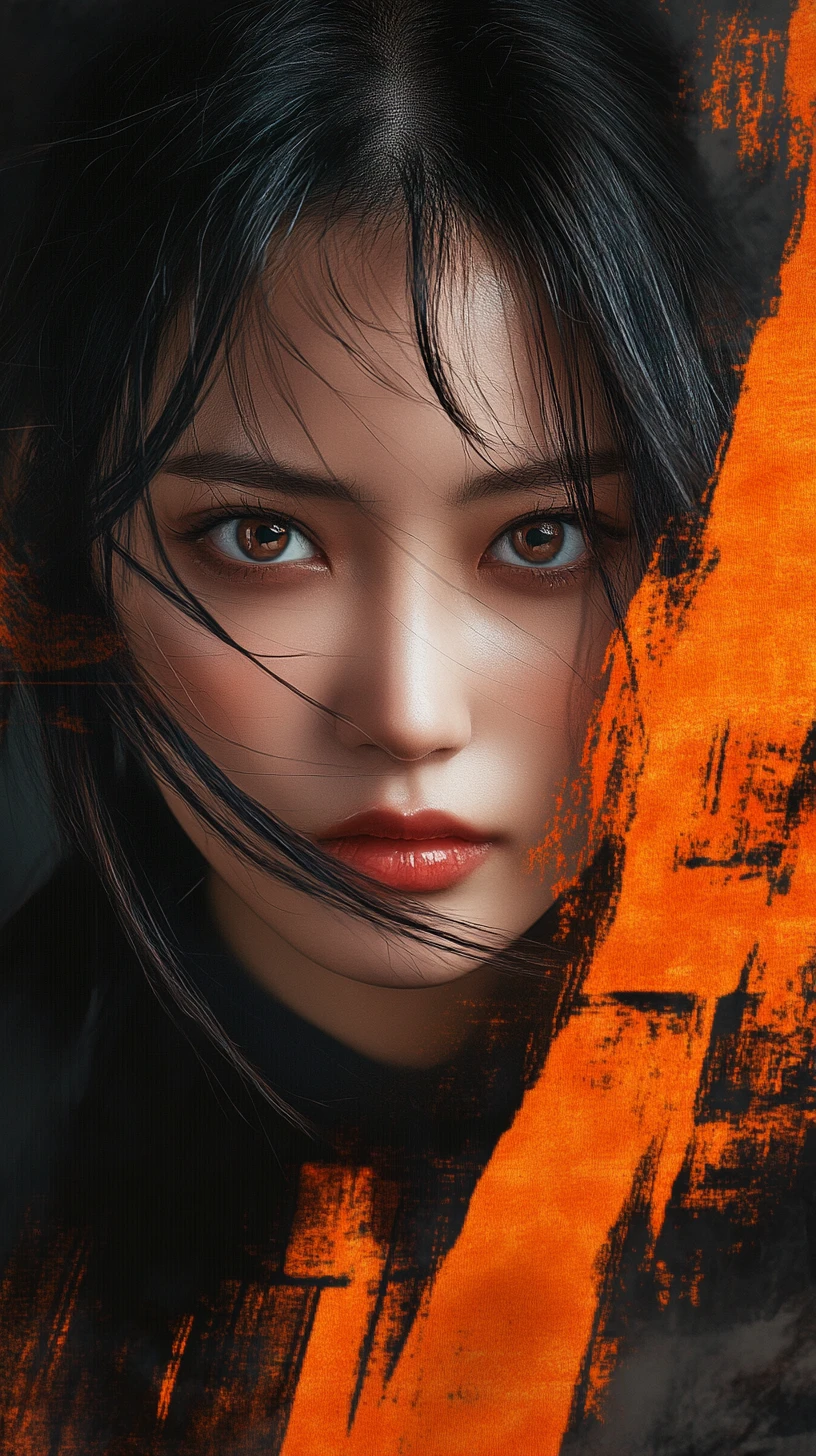 Retrato intenso de una mujer de Asia Oriental con toques naranjas
