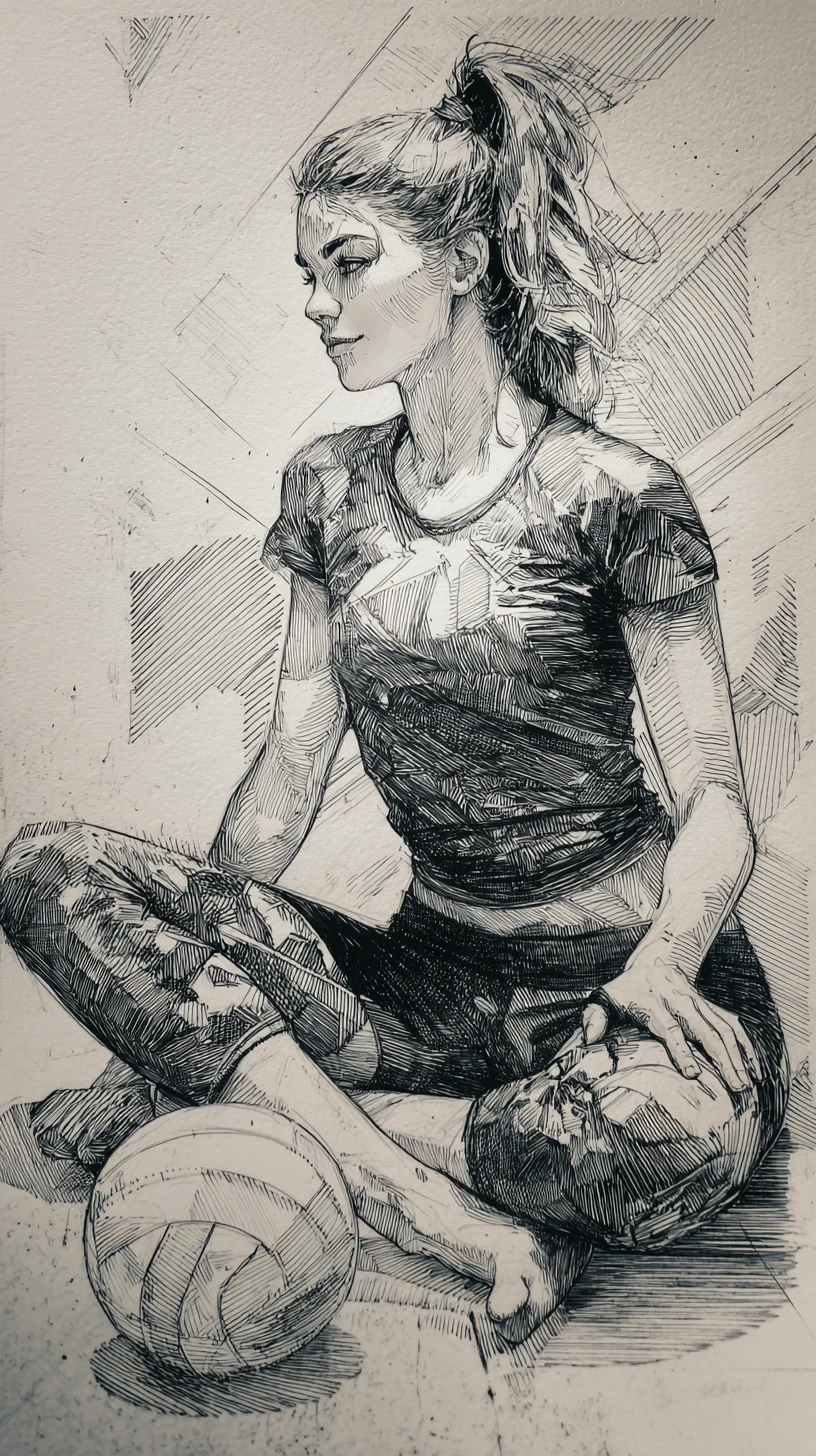 Chica atlética con balón de voleibol en dibujo a bolígrafo de perfil