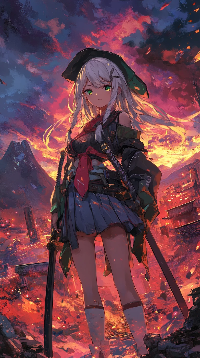 Chica de anime con rifle en un campo de batalla de fantasía en ruinas