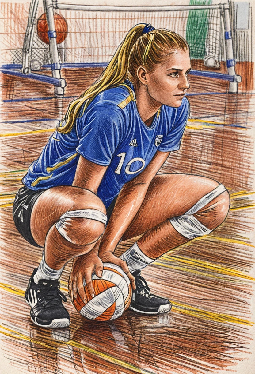 Defensive volleyball athlete in technical crosshatched drawing