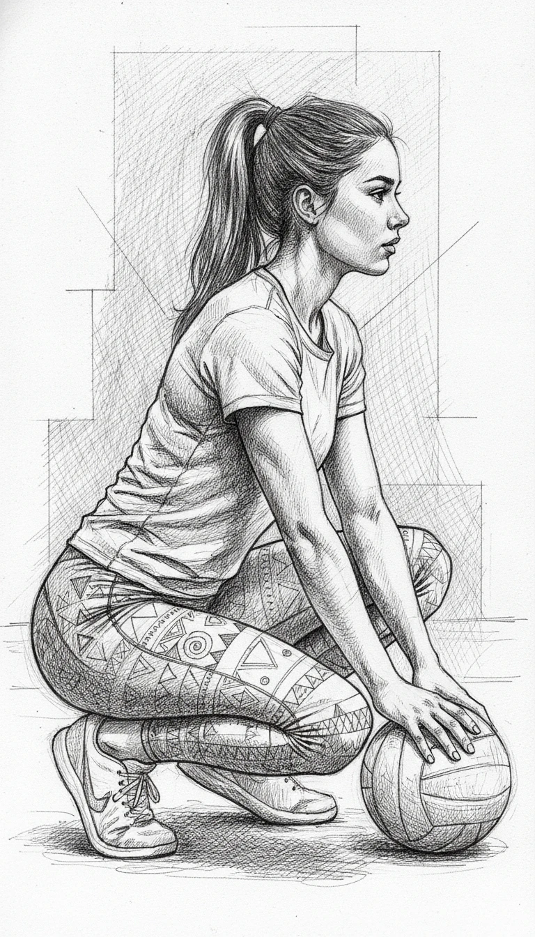 Chica atlética en cuclillas con balón de voleibol en dibujo a pluma