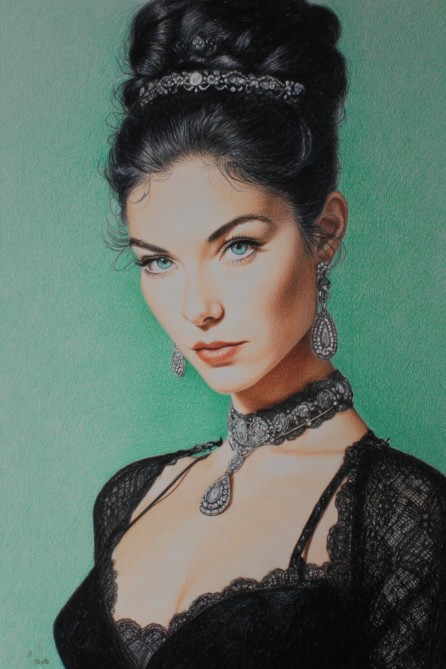 Retrato de mujer elegante a lápiz de color sobre fondo verde