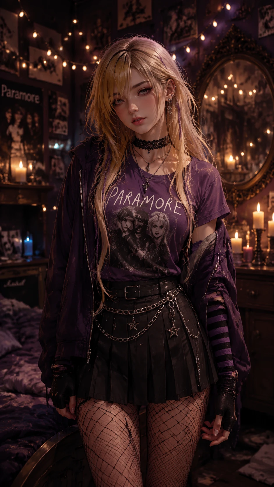 Garota de anime de moletom roxo em um quarto com clima à luz de velas