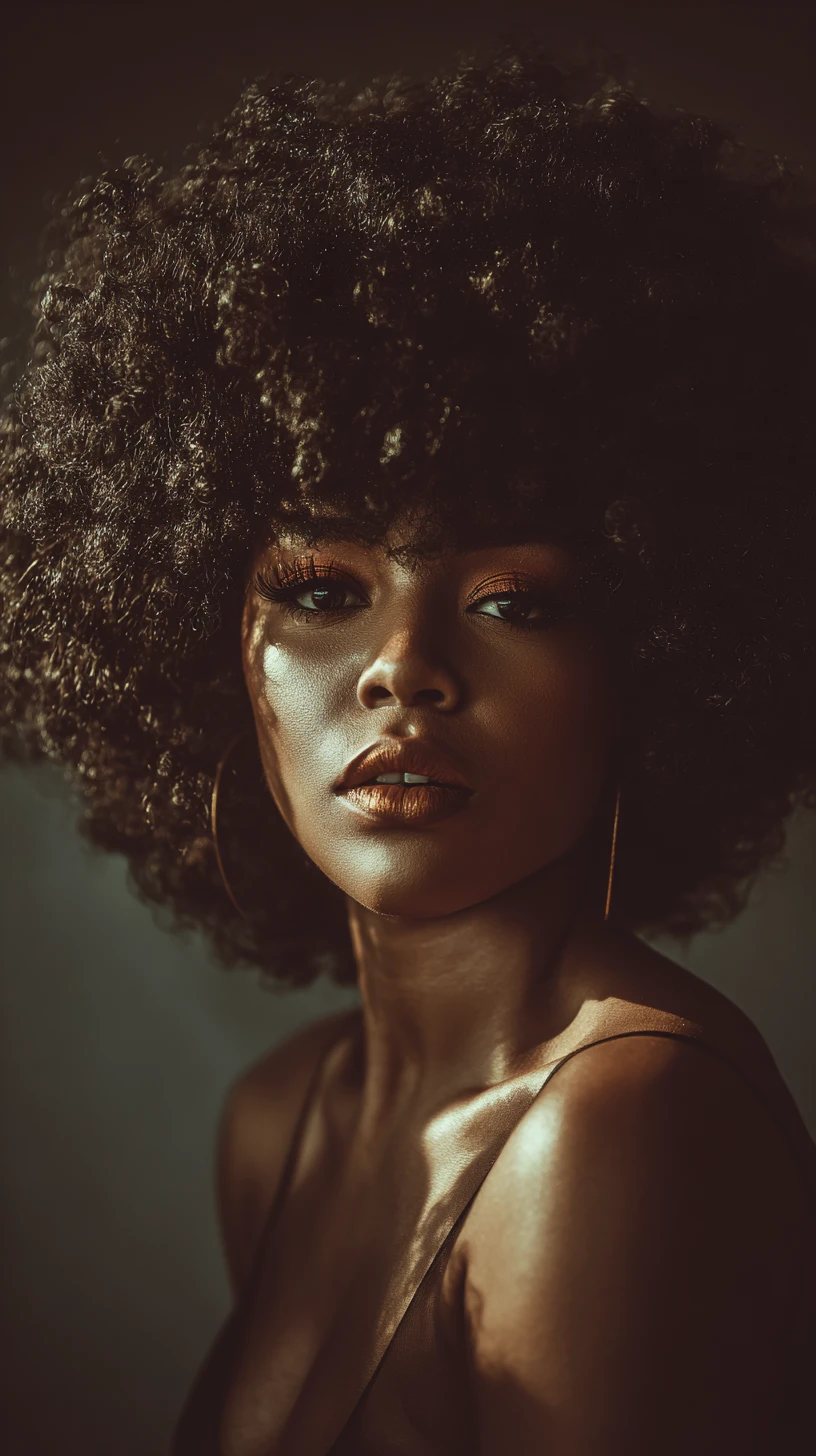 Retrato de mujer negra segura de sí misma con rizos afro radiantes