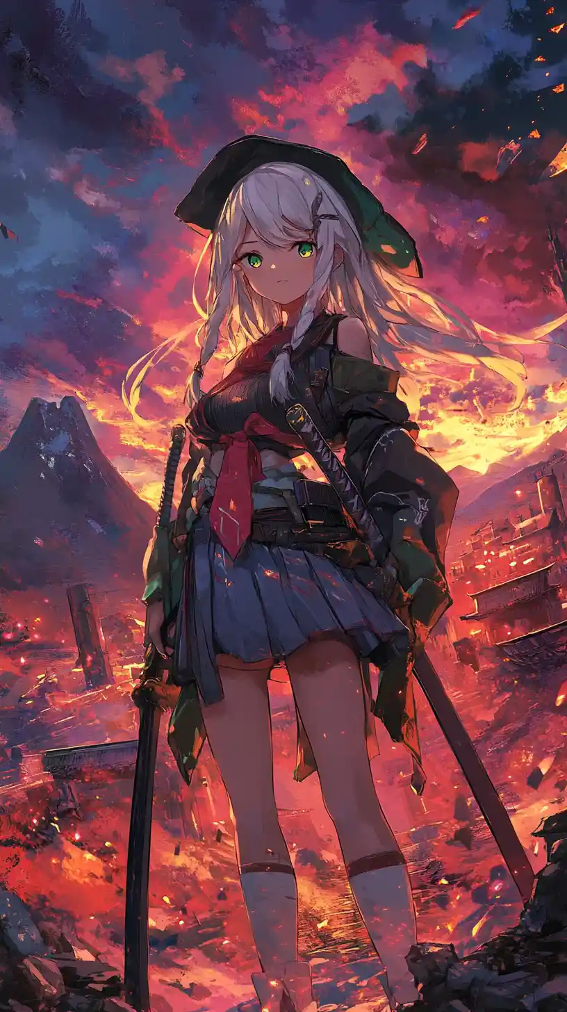 廃墟と化したファンタジー戦場のライフルを持つアニメ少女