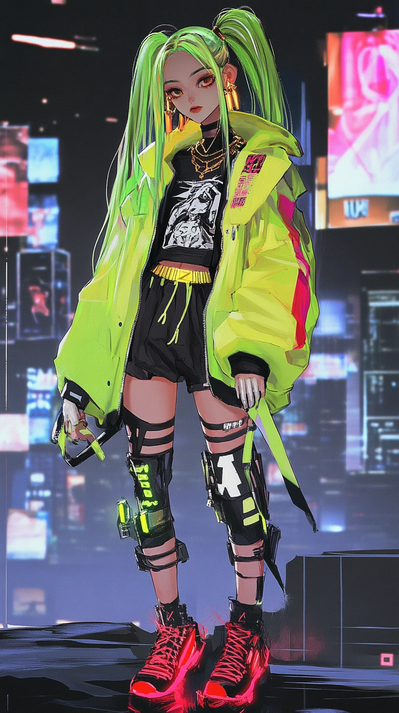 Chica de anime en paisaje de mundo de juego de fantasía neón