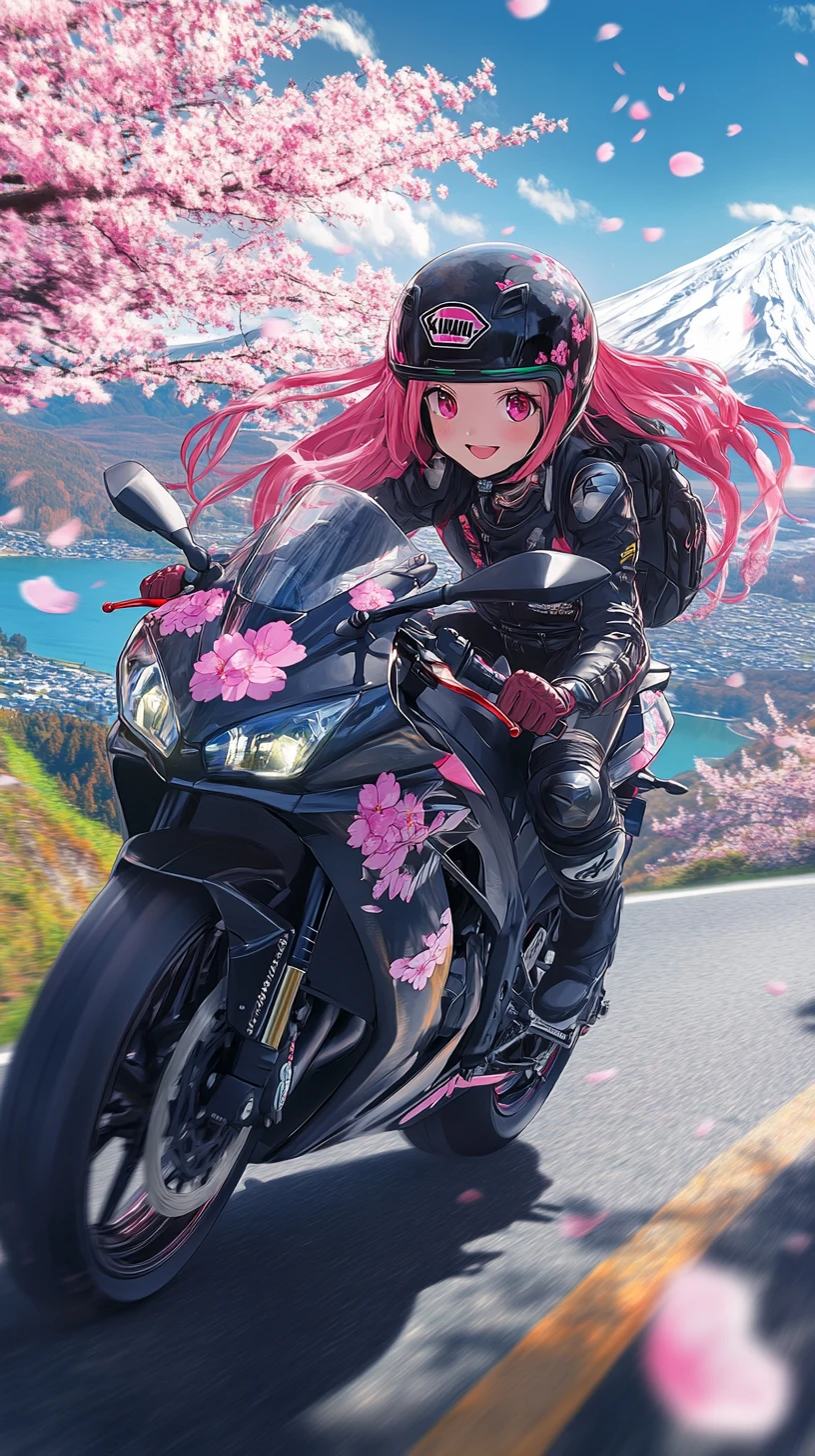 騎車奔馳在櫻花山路上的動漫機車女孩
