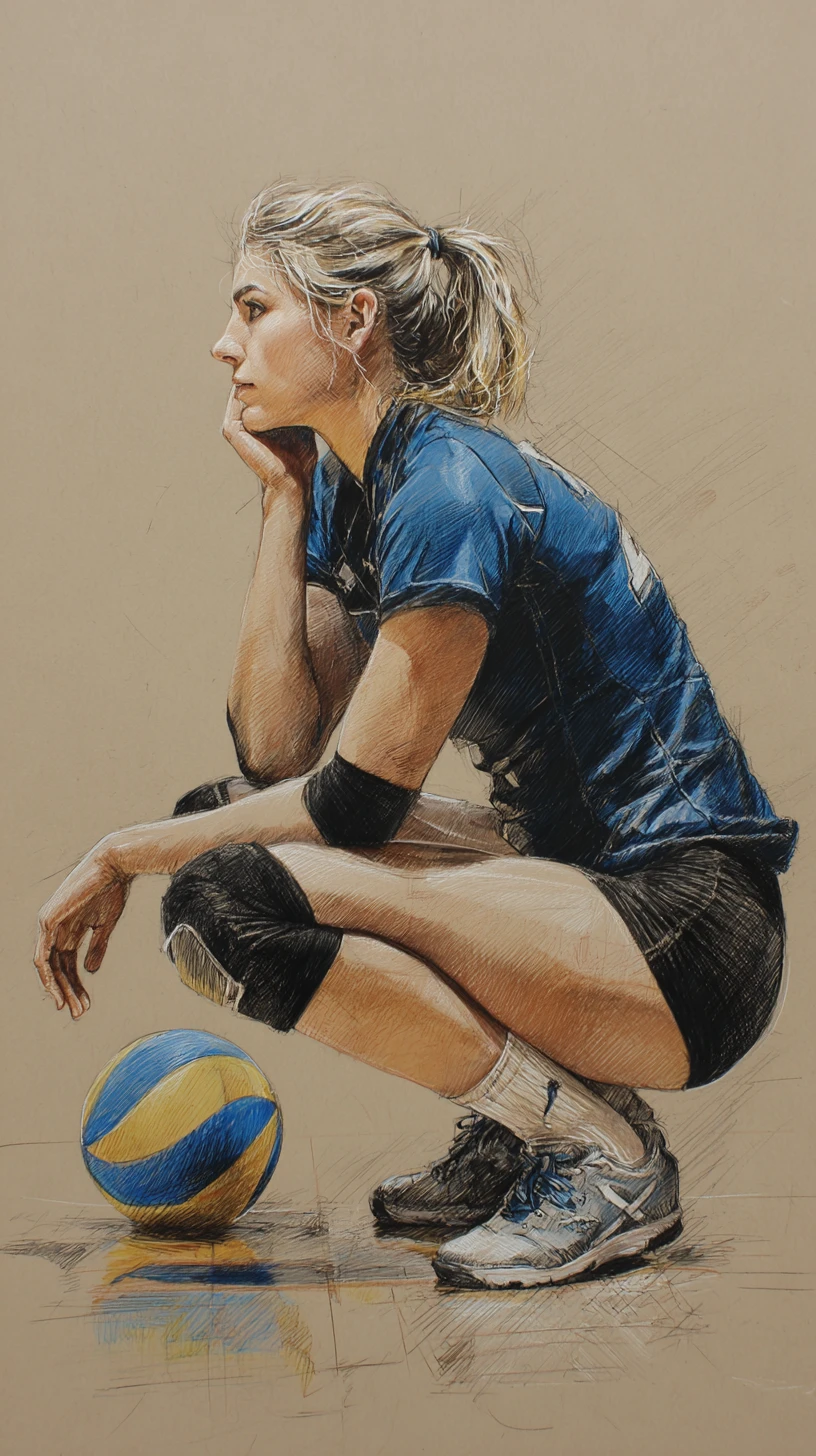 Boceto de jugadora defensiva de voleibol en cancha cubierta