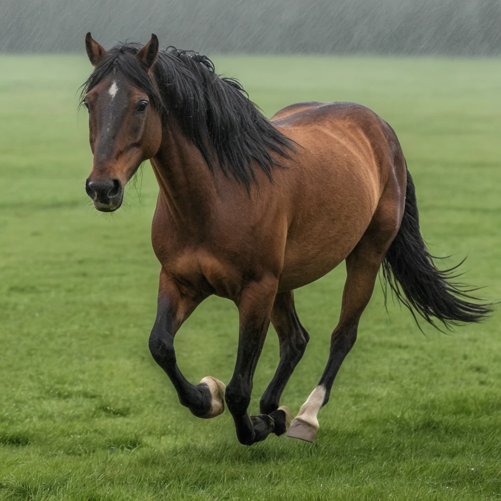 雨の草原を駆ける茶色い馬