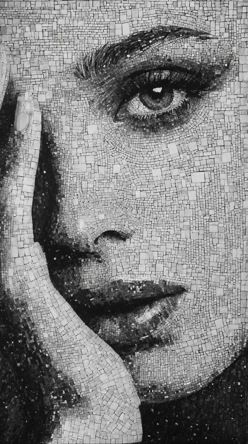 Retrato en Primer Plano de una Mujer en Mosaico en Blanco y Negro