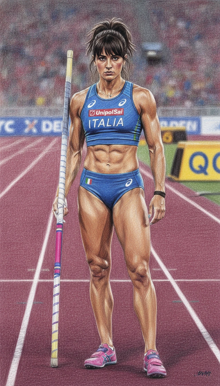 Saltador de pértiga italiano en la pista con uniforme azul del equipo
