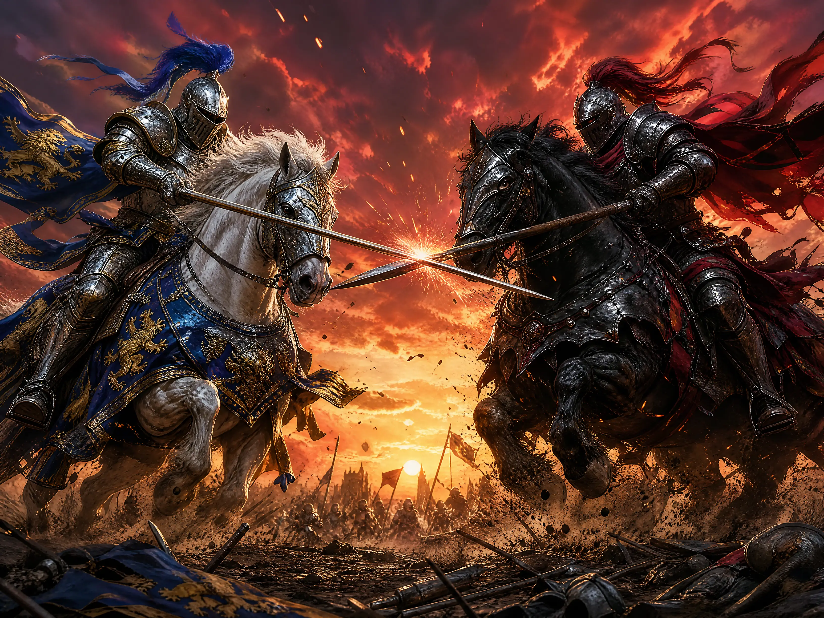 Armored knights clash on a sunlit war torn battlefield