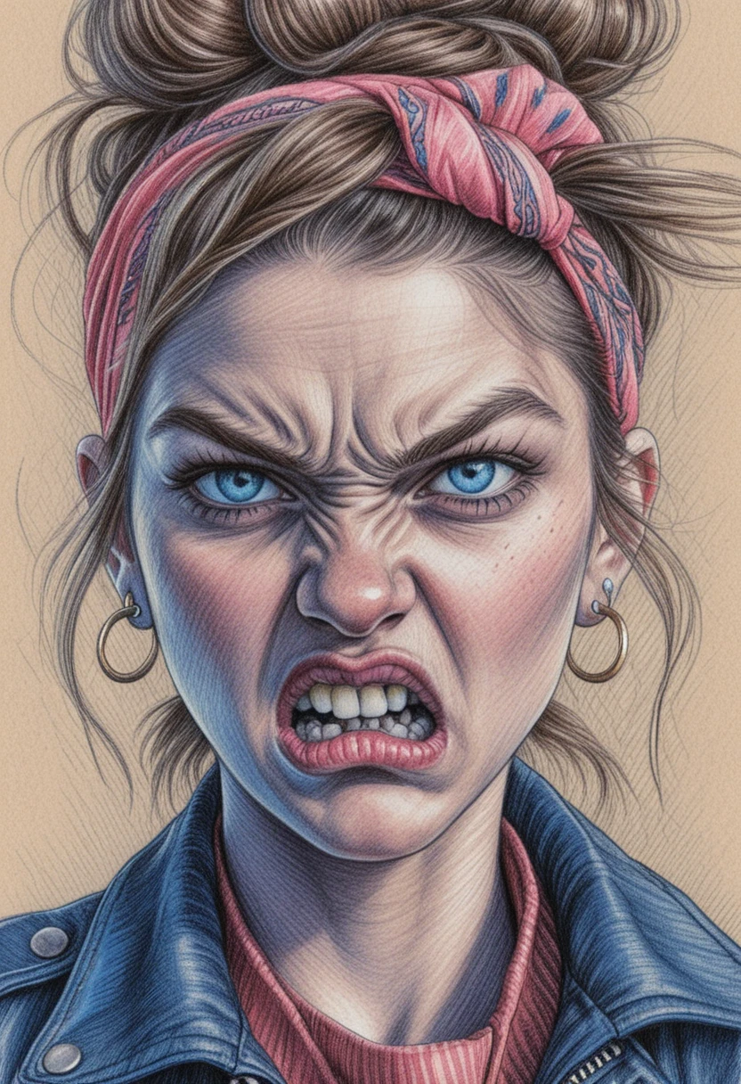 Retrato de chica enfadada en dibujo detallado a bolígrafo y lápiz