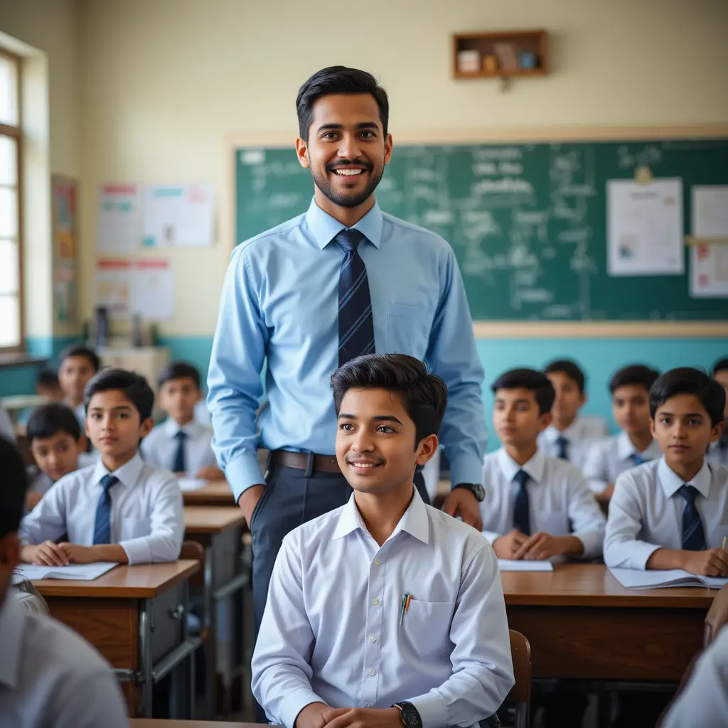 Pakistani school teacher teaching boy in bright classroom
