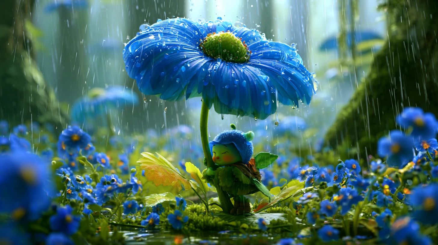 青い花の下で雨をしのぐ小さなファンタジー生物