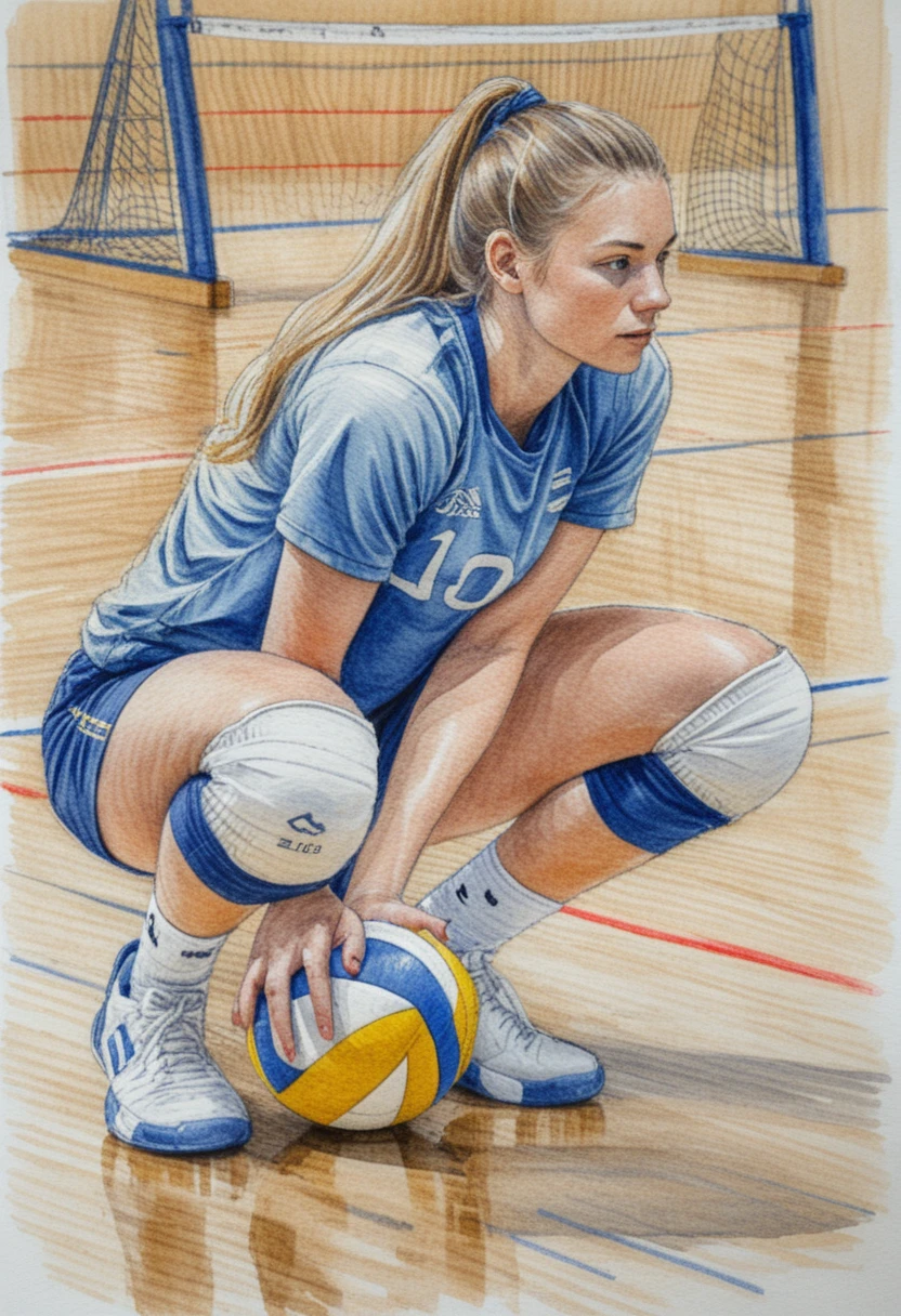 Defensive volleyball player sketch on polished indoor court