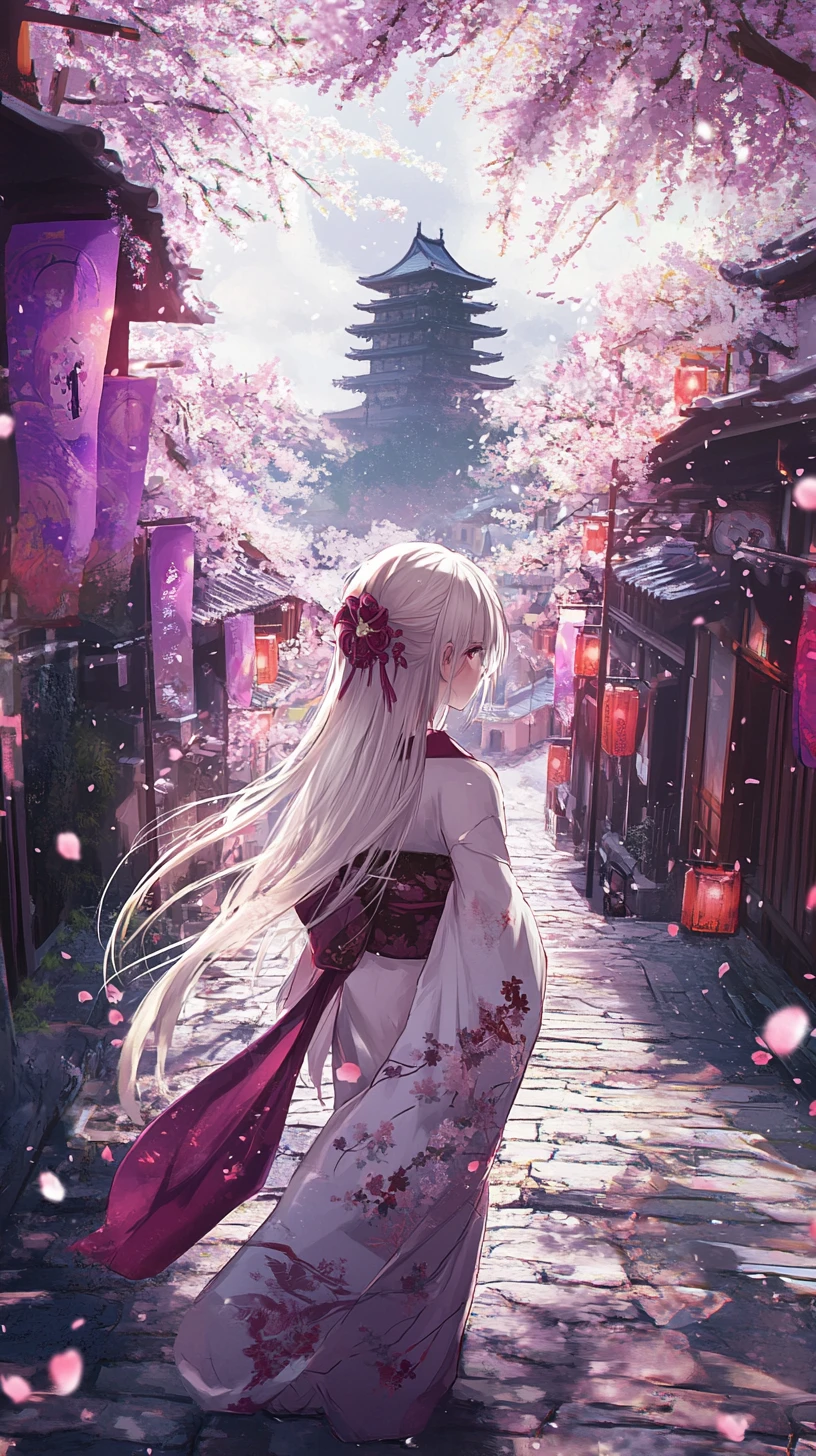 Chica de anime con kimono bajo cerezos en flor al atardecer