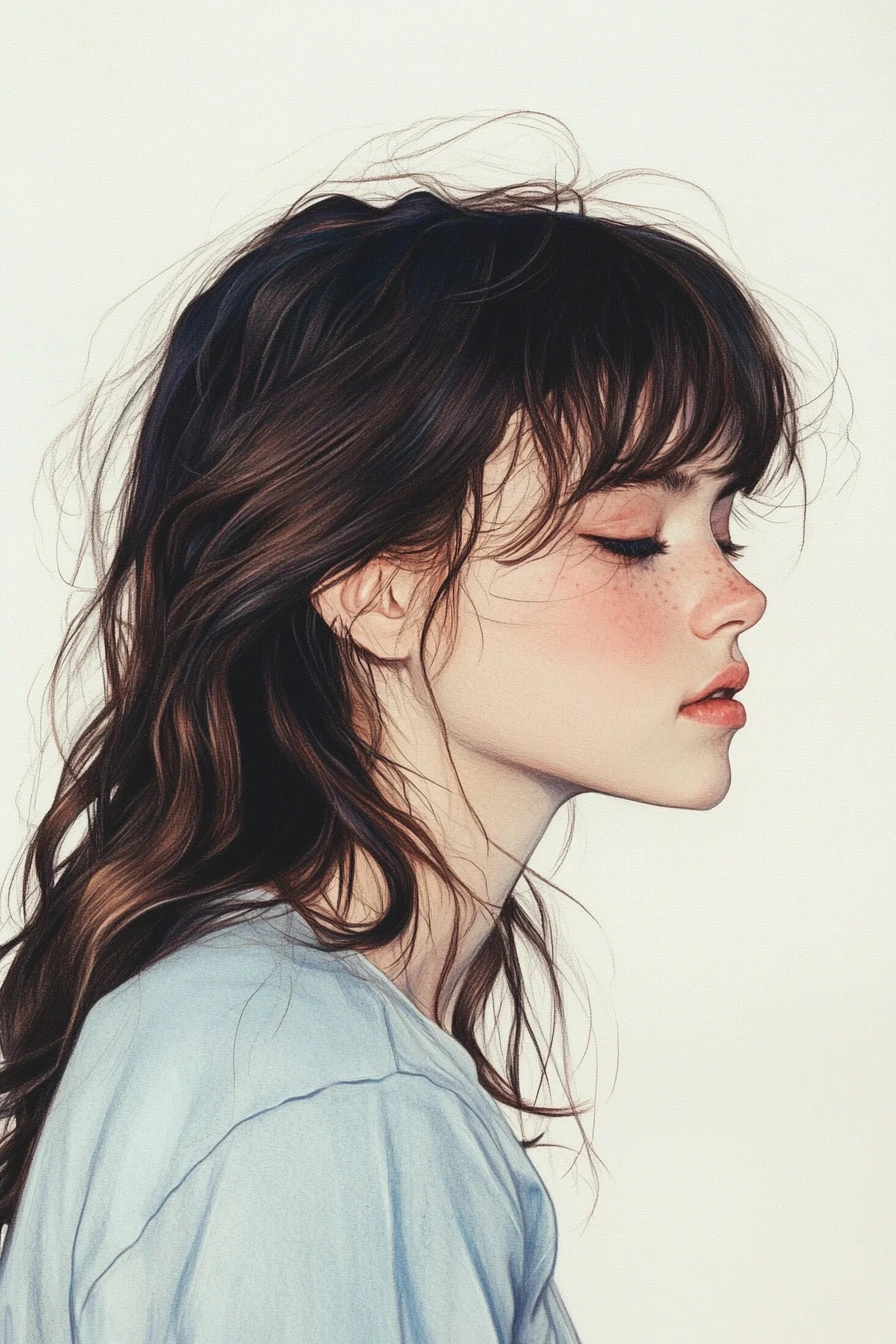 Chica melancólica con cabello verde azulado en retrato a lápiz de color