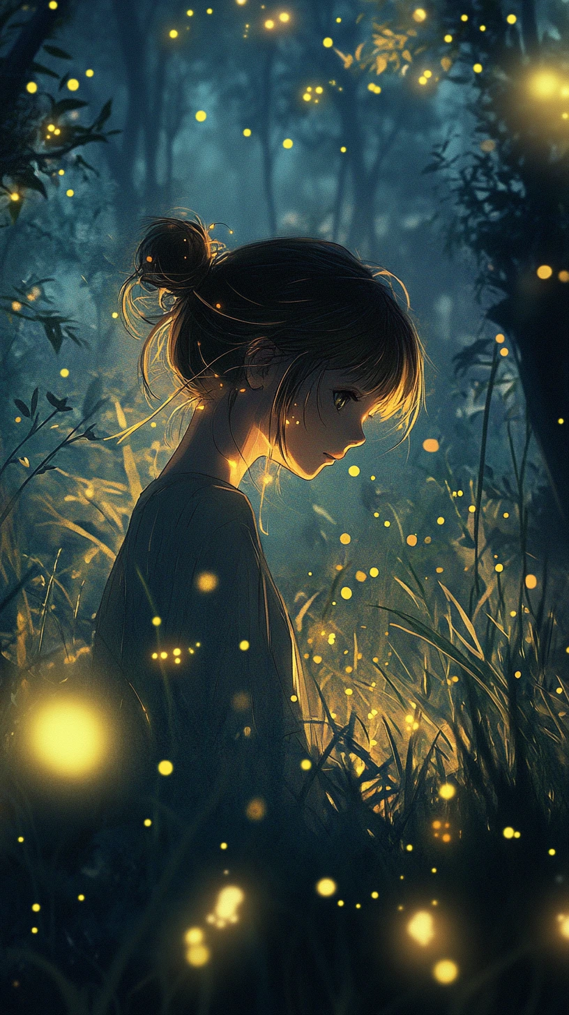 Chica de anime con luciérnagas en un bosque sereno