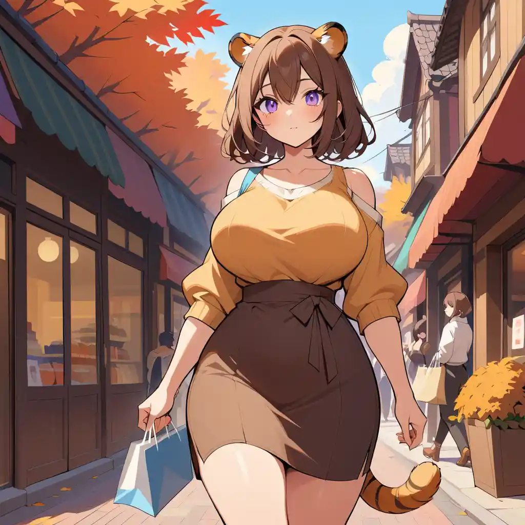 Tiger eared woman walking along an autumn shopping street