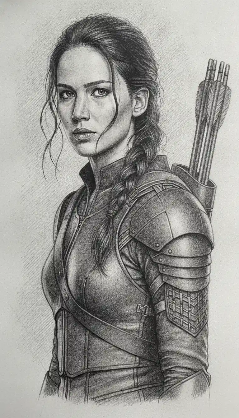 Graphite Portrait Of Determined Archer Woman In Armor