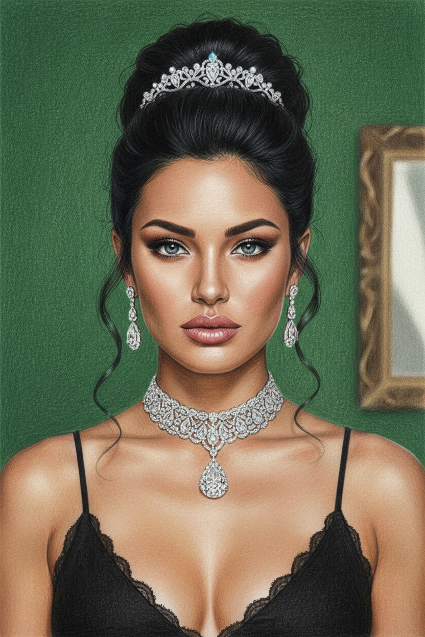 Elegante retrato a lápiz de color de una mujer con diamantes