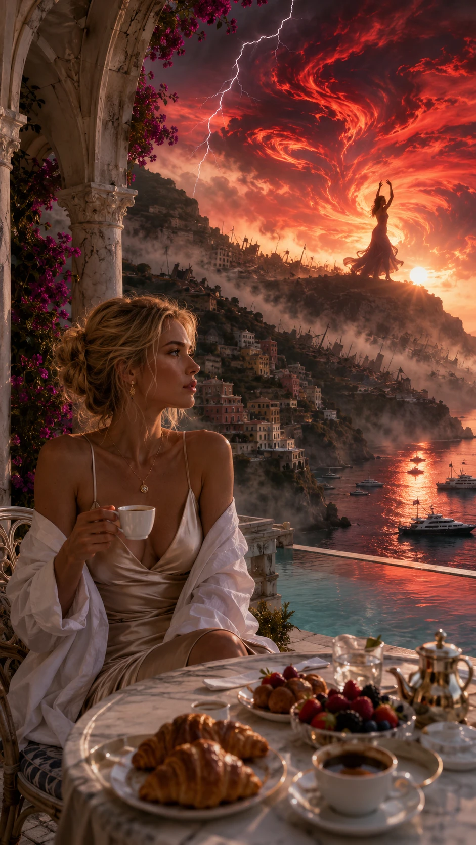 Mujer elegante en el desayuno en terraza de Amalfi iluminada por la tormenta