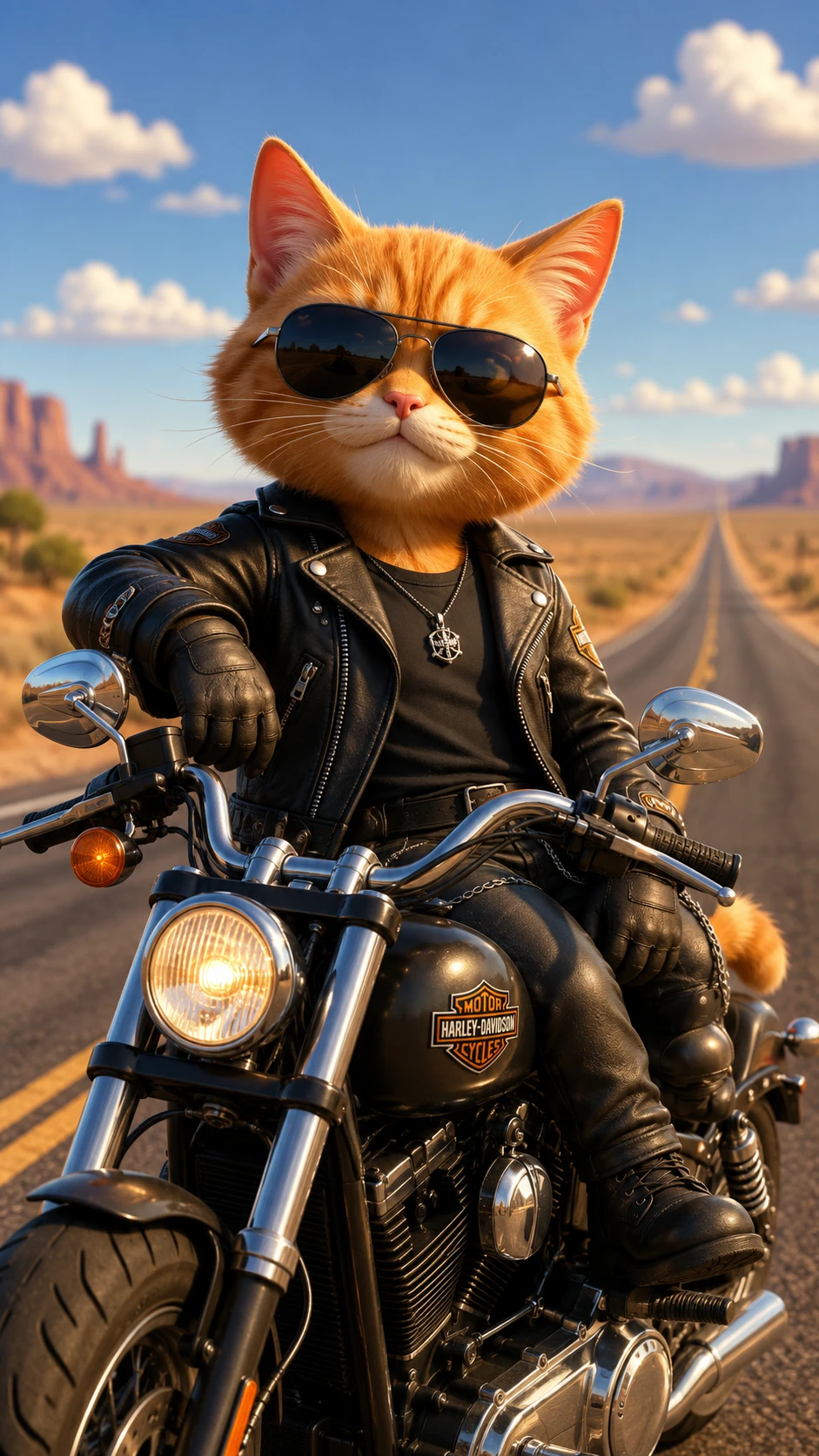 Gato motorista naranja y genial conduciendo una moto en la autopista