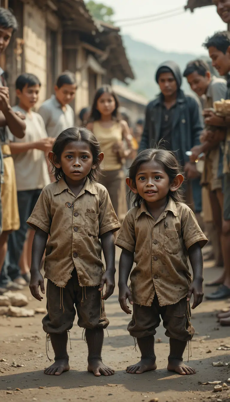 Two little monkey children helped on a village street