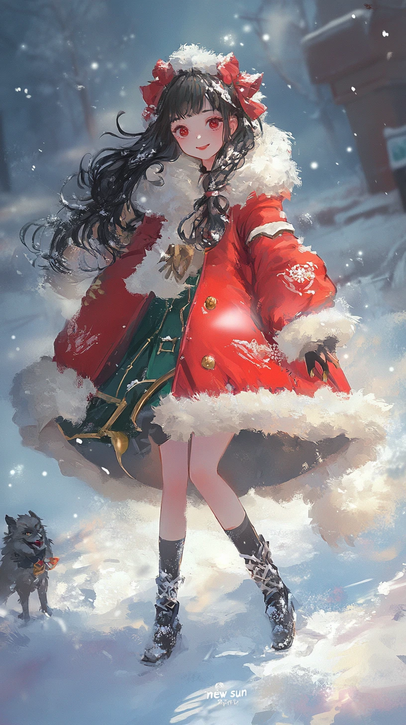 Chica de anime con vestido de invierno rojo y gorro esponjoso