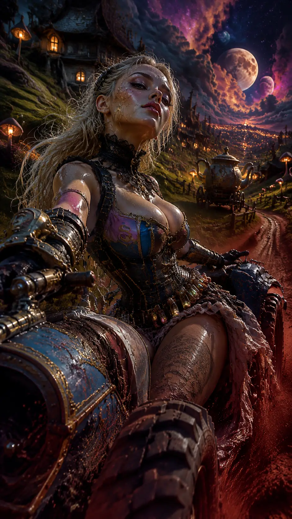 Steampunk superwoman on land speeder in alien desert