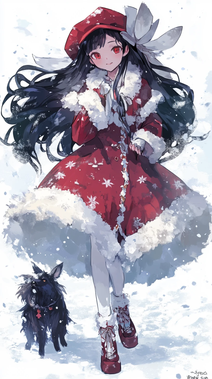 Chica de anime con vestido de invierno rojo y gorro esponjoso