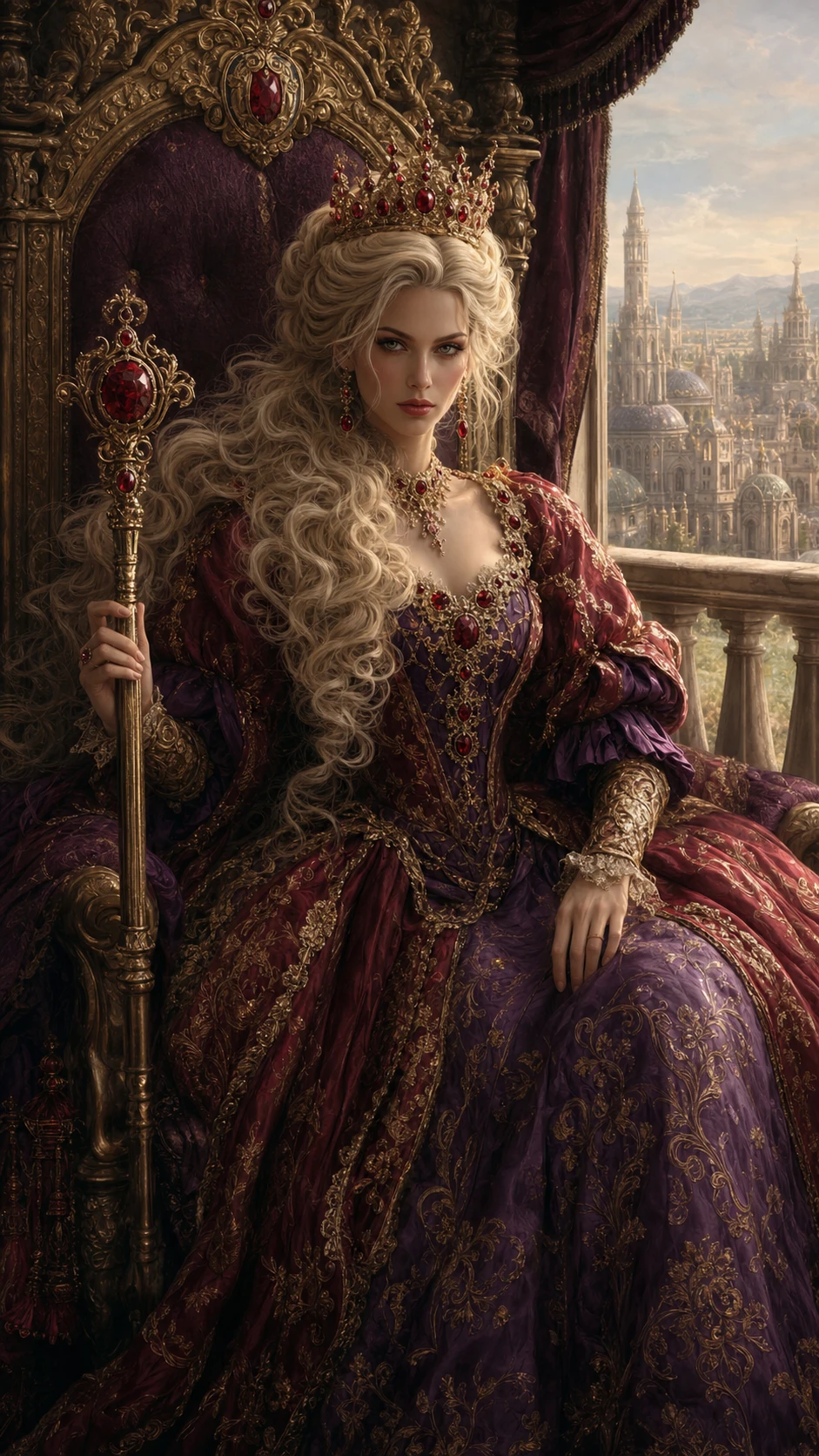 Regal queen with ruby crown on ornate palace throne