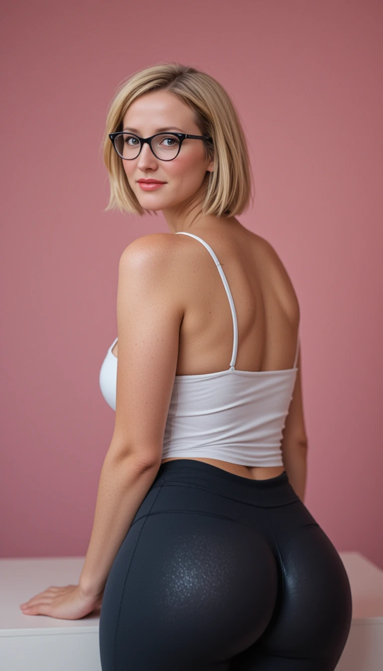 Mujer rubia con gafas inclinada hacia adelante sobre la mesa